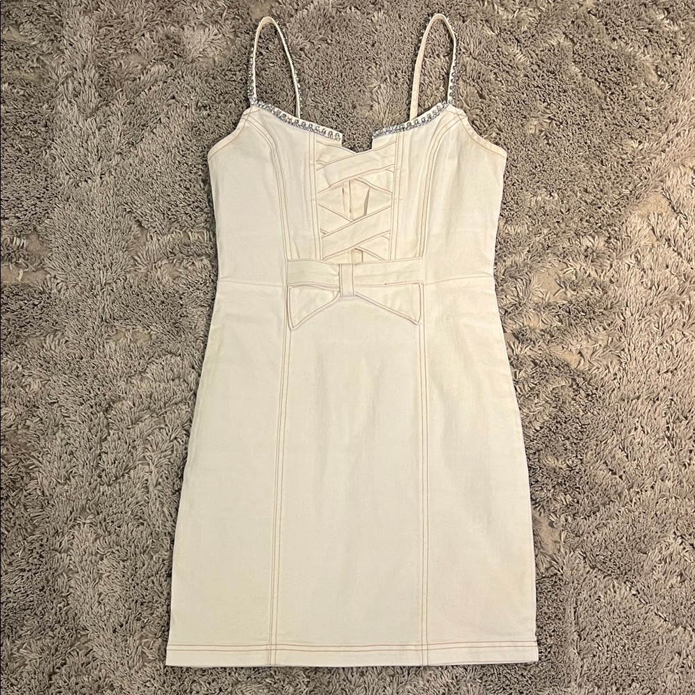 bebe Cream Mini Dress with Lace-Up Detail/Diamond straps
